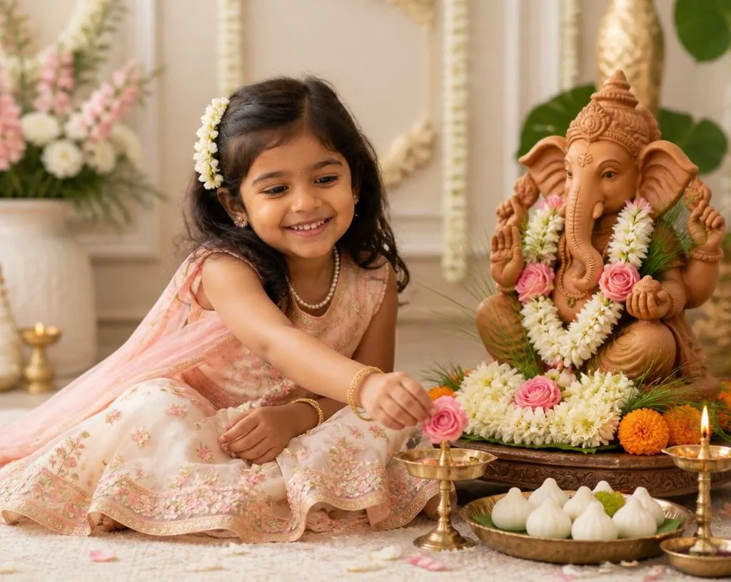 Baby girl in a pastel pink lehenga beside an eco-friendly Ganesha idol surrounded by flowers