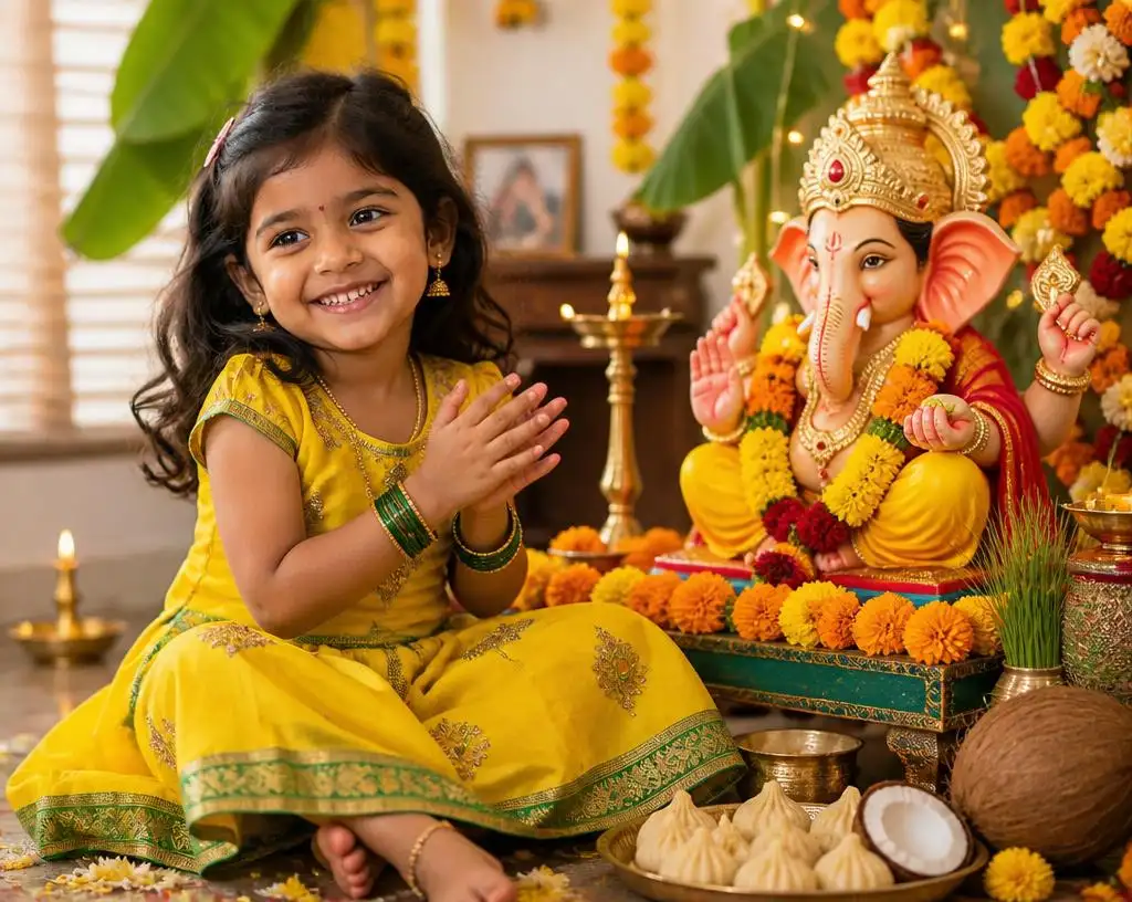Baby girl in yellow and green traditional outfit celebrating Ganesh Chaturthi beside Ganesha