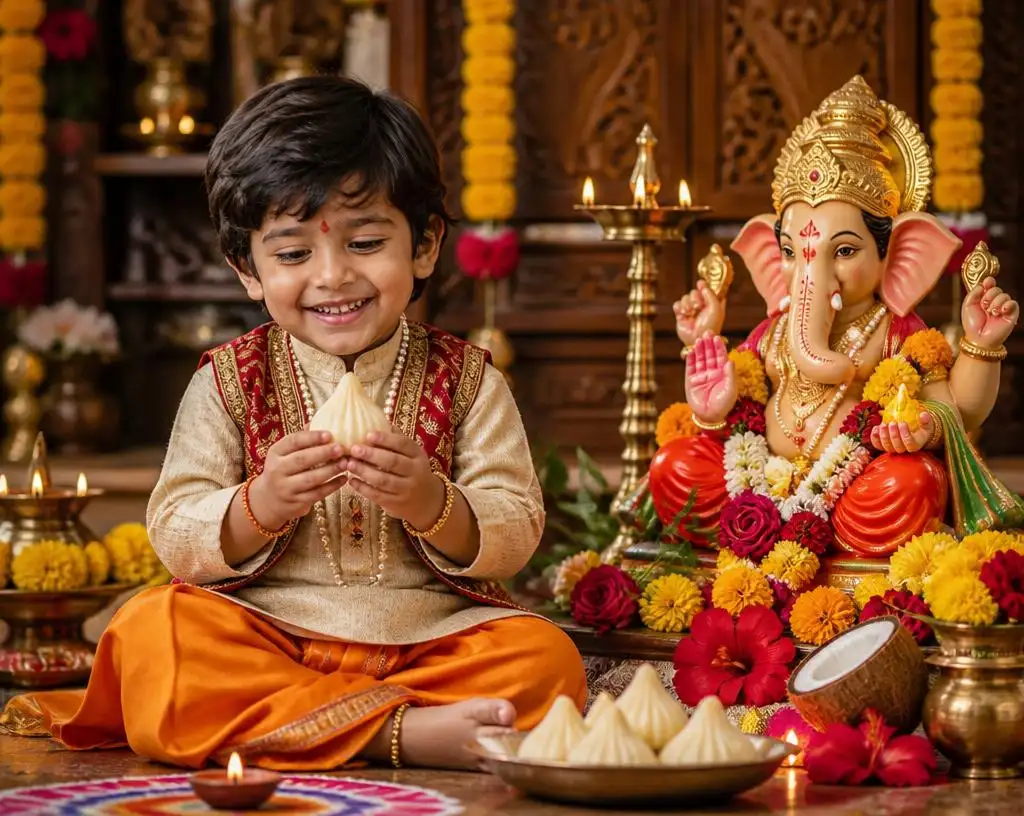 Baby boy in an ivory kurta and saffron dhoti holding a modak beside Lord Ganesha