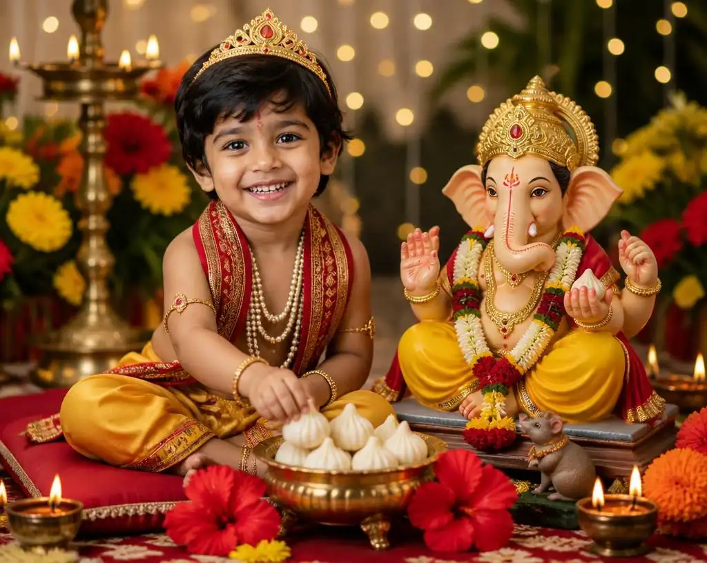 Baby boy dressed in a yellow dhoti and crown, sitting beside a Bal Ganesha idol.