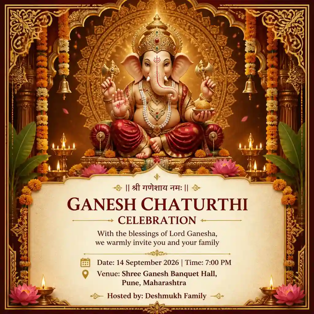 Lord Ganesha surrounded by a golden mandala on a luxurious Ganesh Chaturthi invitation card.