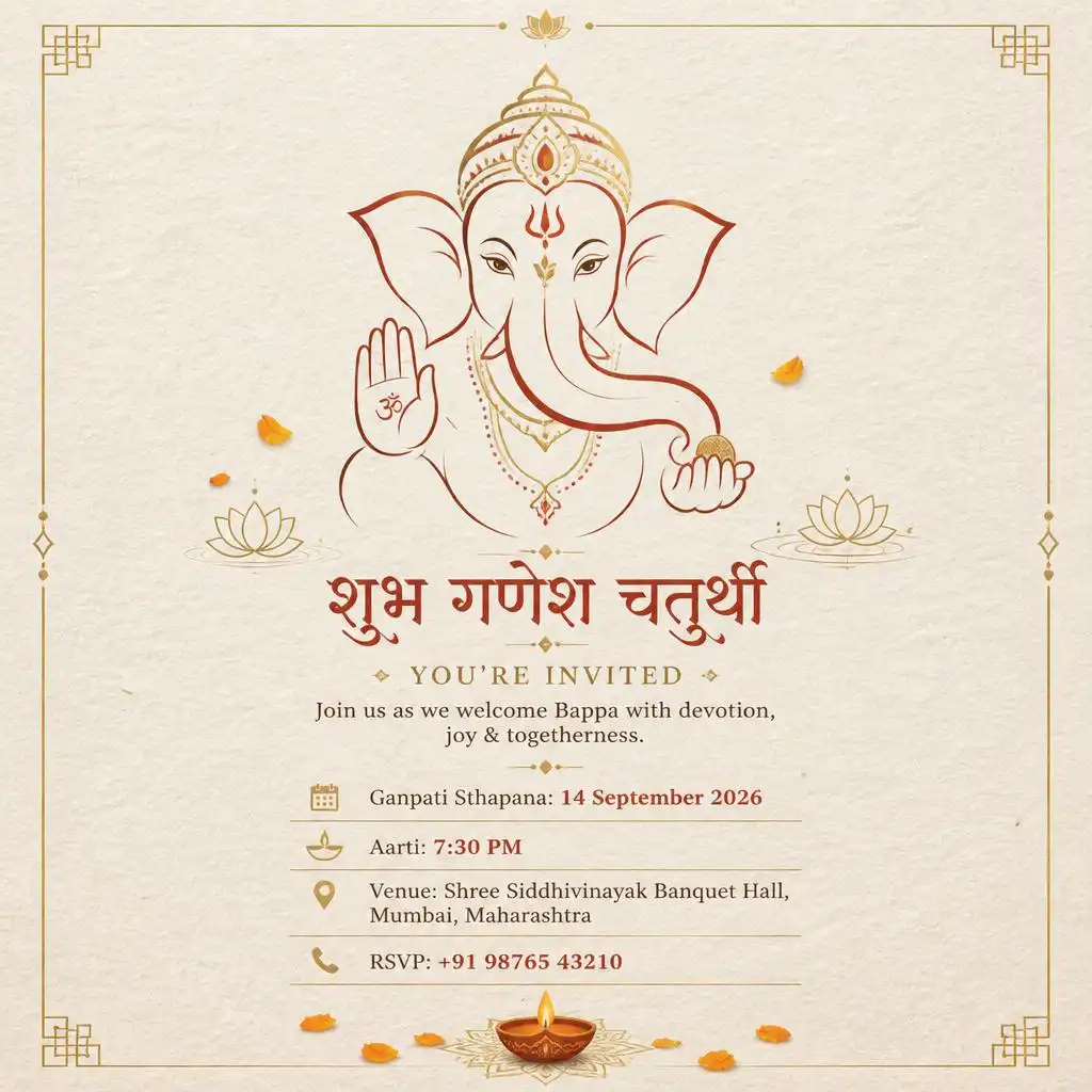 Minimalist Ganesh Chaturthi invitation with terracotta Ganesha artwork and elegant gold accents.