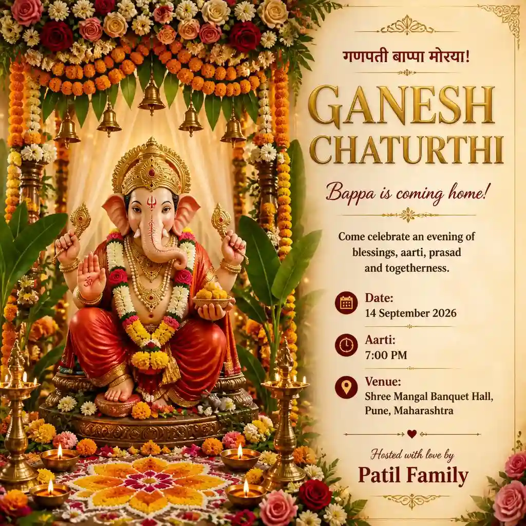 Lord Ganesha surrounded by marigold flowers and diyas on a festive Ganesh Chaturthi invitation.