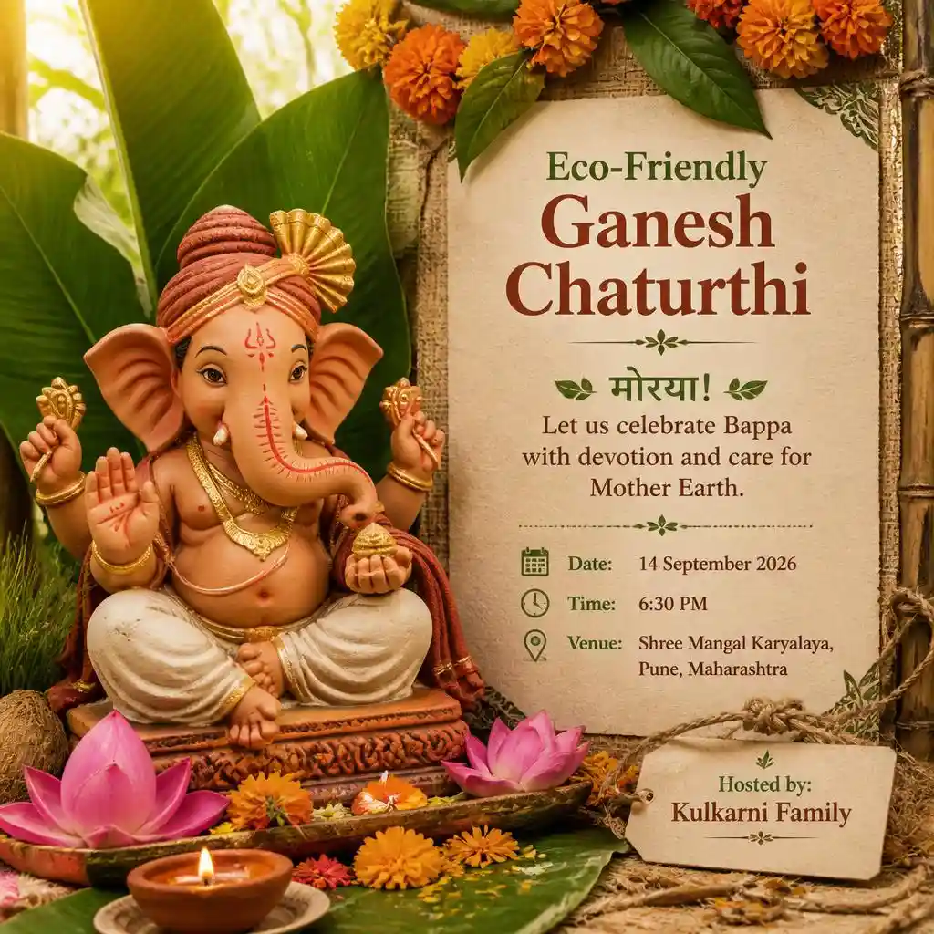 Eco-friendly Ganesh Chaturthi invitation featuring a handcrafted clay Ganesha with natural flowers and leaves