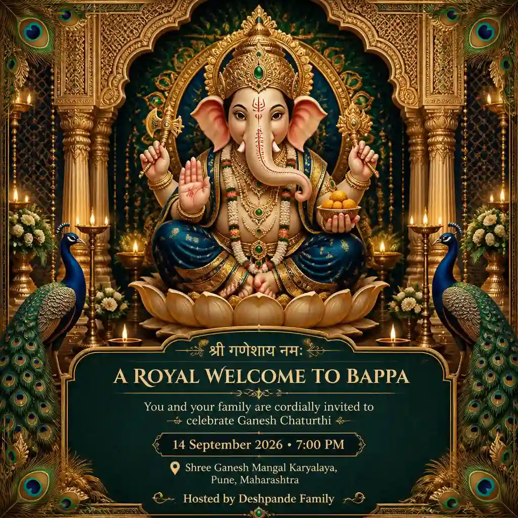 Royal Ganesh Chaturthi invitation with Lord Ganesha, peacock motifs, emerald details and golden arches