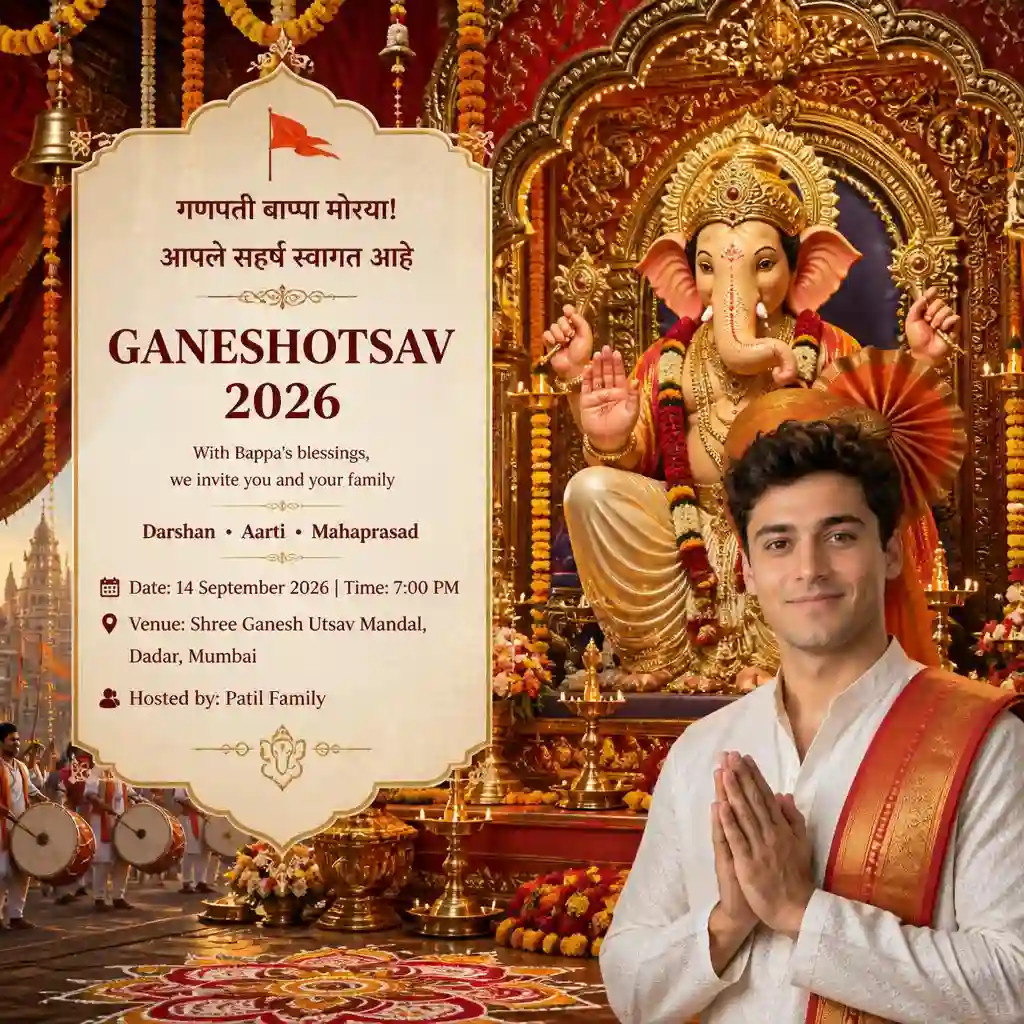 Family Ganesh Chaturthi invitation featuring Lord Ganesha at a grand Mumbai Sarvajanik Ganpati pandal.