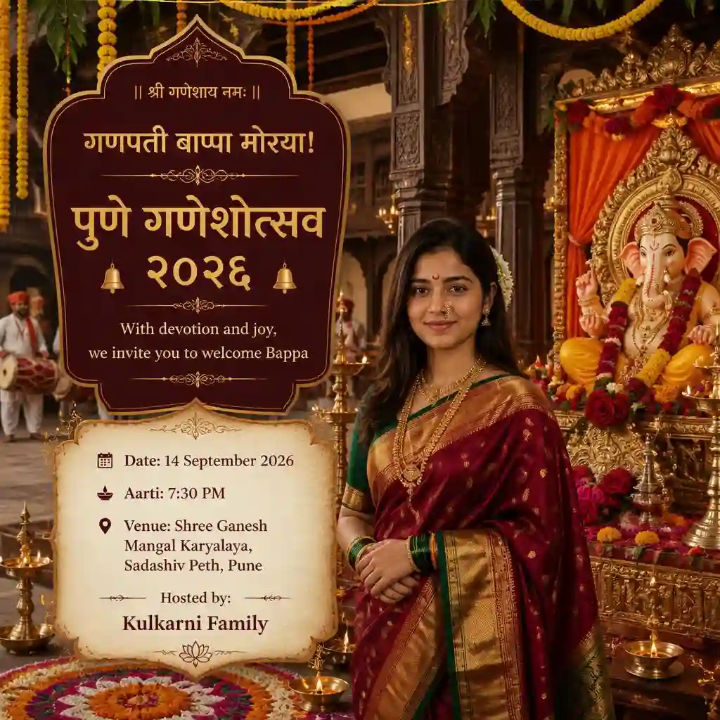 Pune Peshwai-style Ganesh Chaturthi invitation with Lord Ganesha, traditional wada decor and Maharashtrian attire