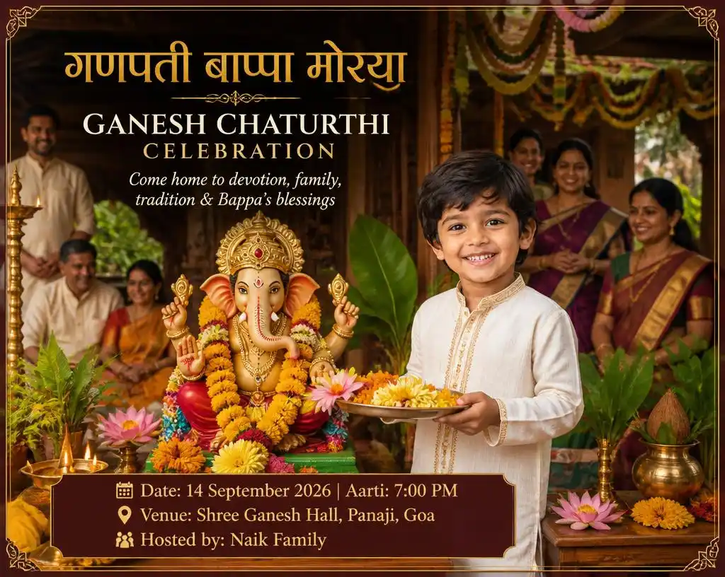 Goan Ganesh Chaturthi invitation featuring a child, Lord Ganesha and traditional Konkani home decorations