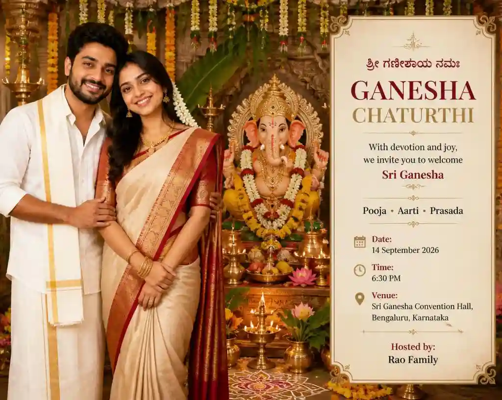 Karnataka Ganesh Chaturthi invitation featuring a couple beside Ganesha in traditional South Indian attire.