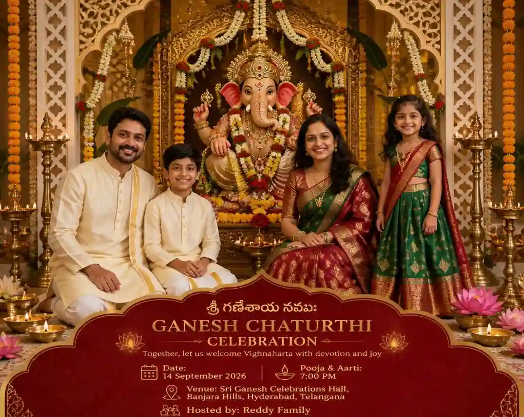 Hyderabad Ganesh Chaturthi invitation featuring a family beside Lord Ganesha in a regal Deccan-inspired setting