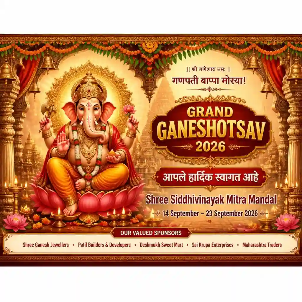 Grand Ganesh Chaturthi banner featuring Lord Ganesha, temple arches, marigold garlands and festive decorations
