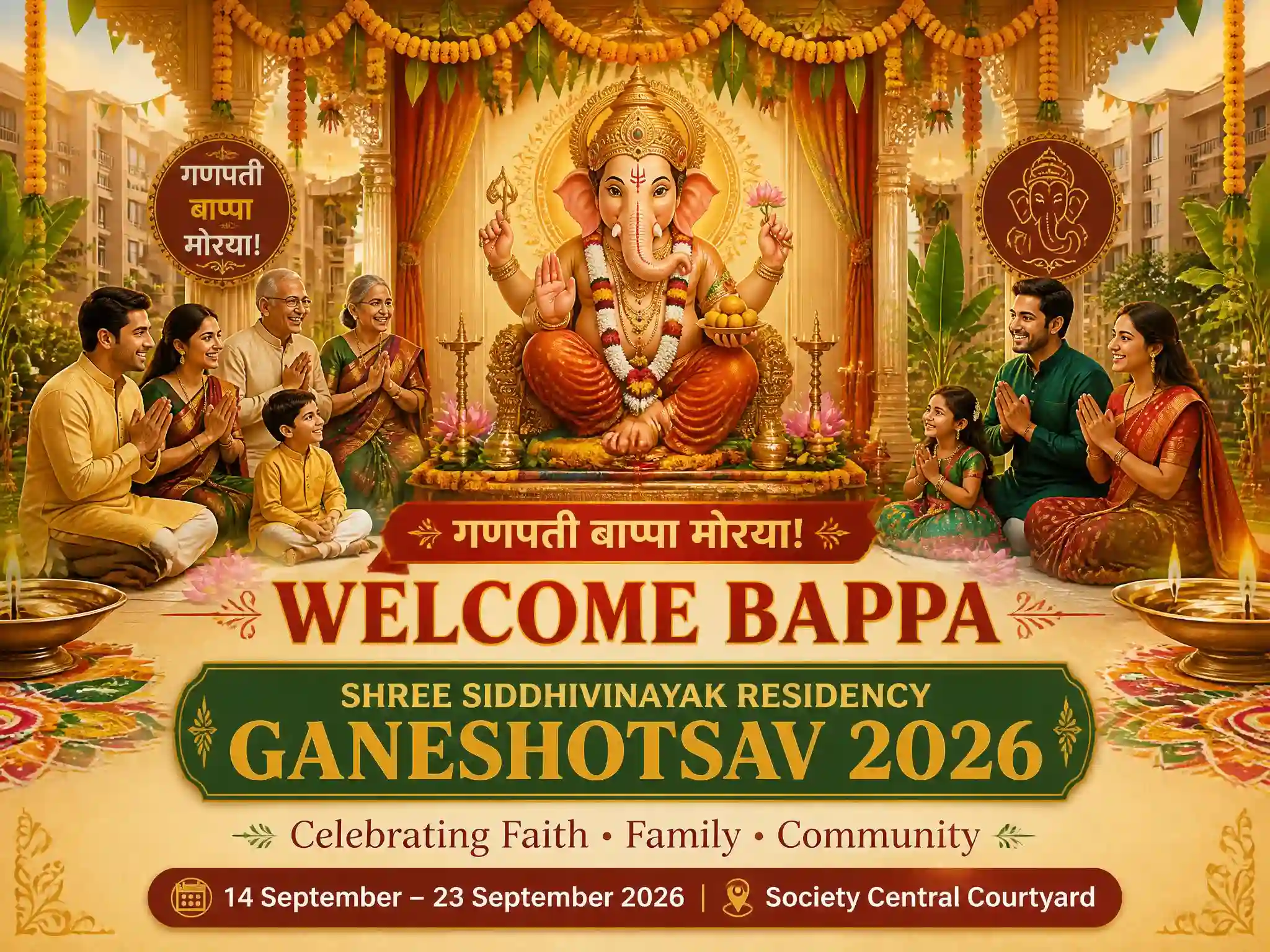 Ganesh Chaturthi society banner with Lord Ganesha, Indian families, rangoli and festive apartment decorations