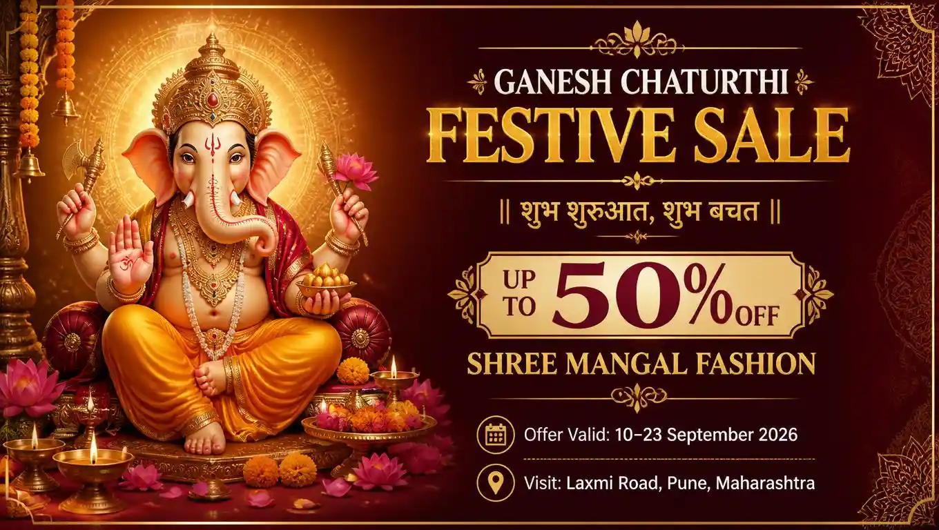 Ganesh Chaturthi festive sale banner featuring Lord Ganesha, marigold flowers, diyas and golden mandala patterns