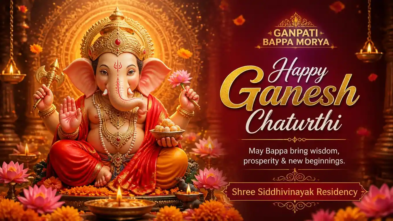 Square Ganesh Chaturthi Instagram banner featuring serene Lord Ganesha, glowing diyas, flowers and golden mandala