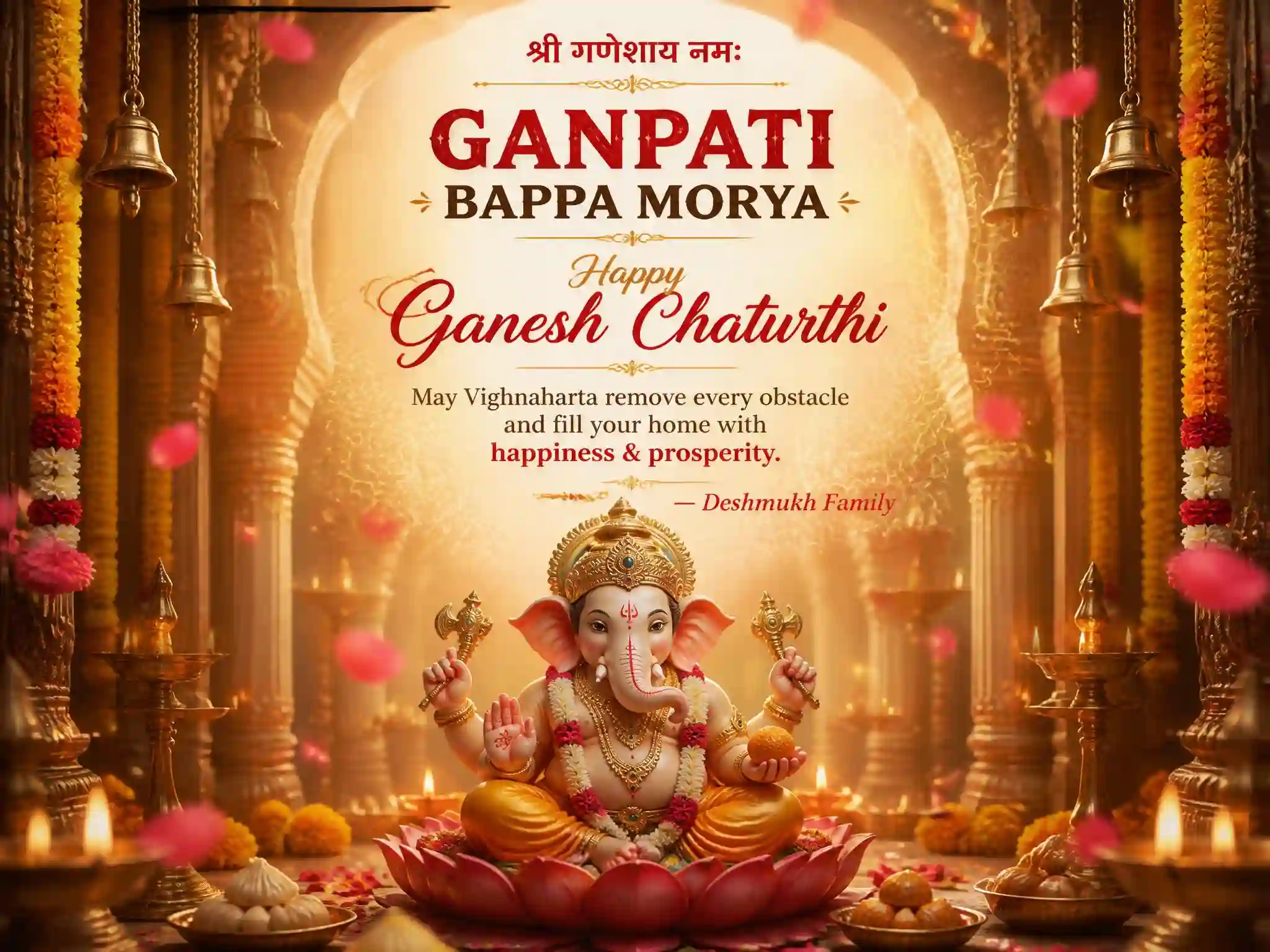 Vertical Ganesh Chaturthi WhatsApp status featuring Lord Ganesha, glowing temple arch, diyas and marigold decorations