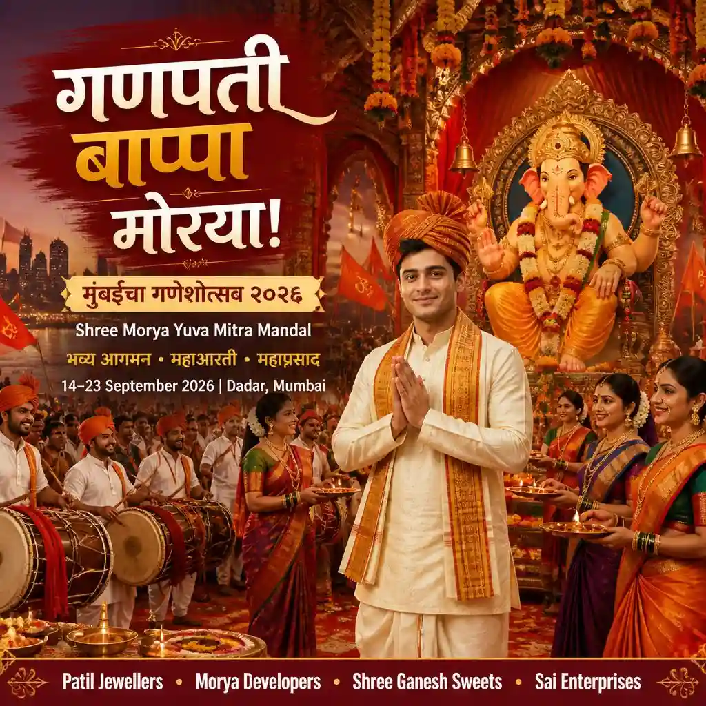 Mumbai Ganeshotsav banner featuring a man beside Lord Ganesha, dhol-tasha performers and a grand festive pandal