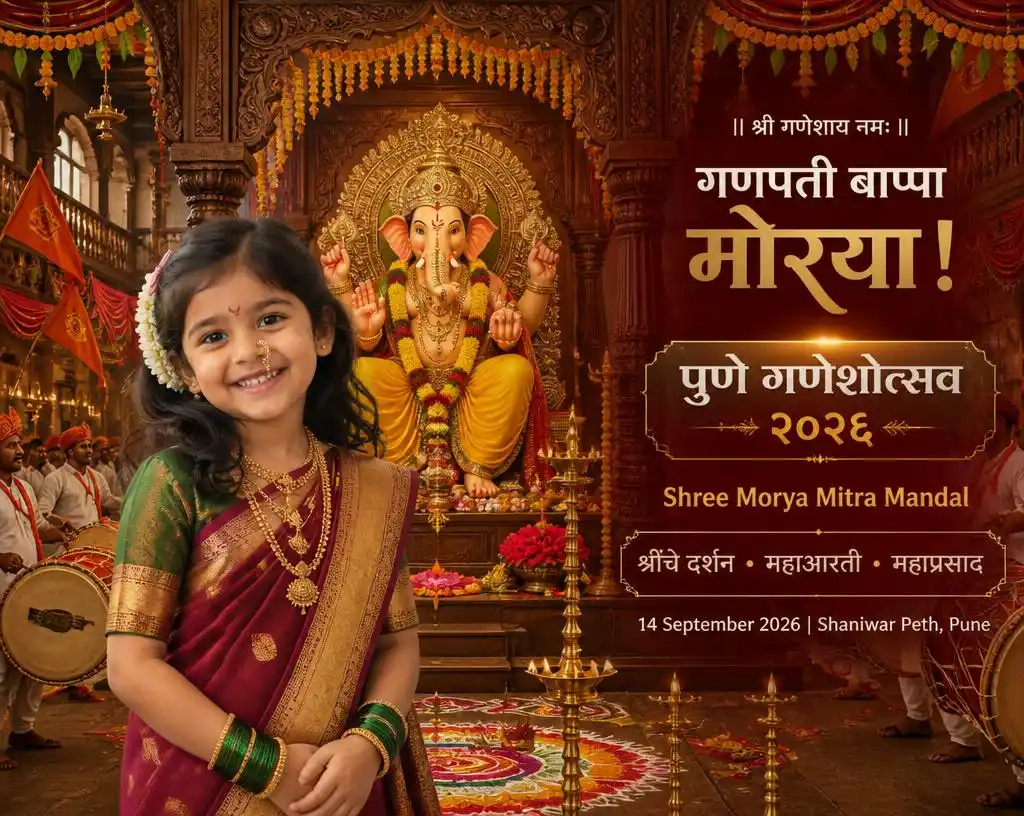 Goan Ganesh festival banner featuring a girl beside Lord Ganesha in a traditional Konkani family home