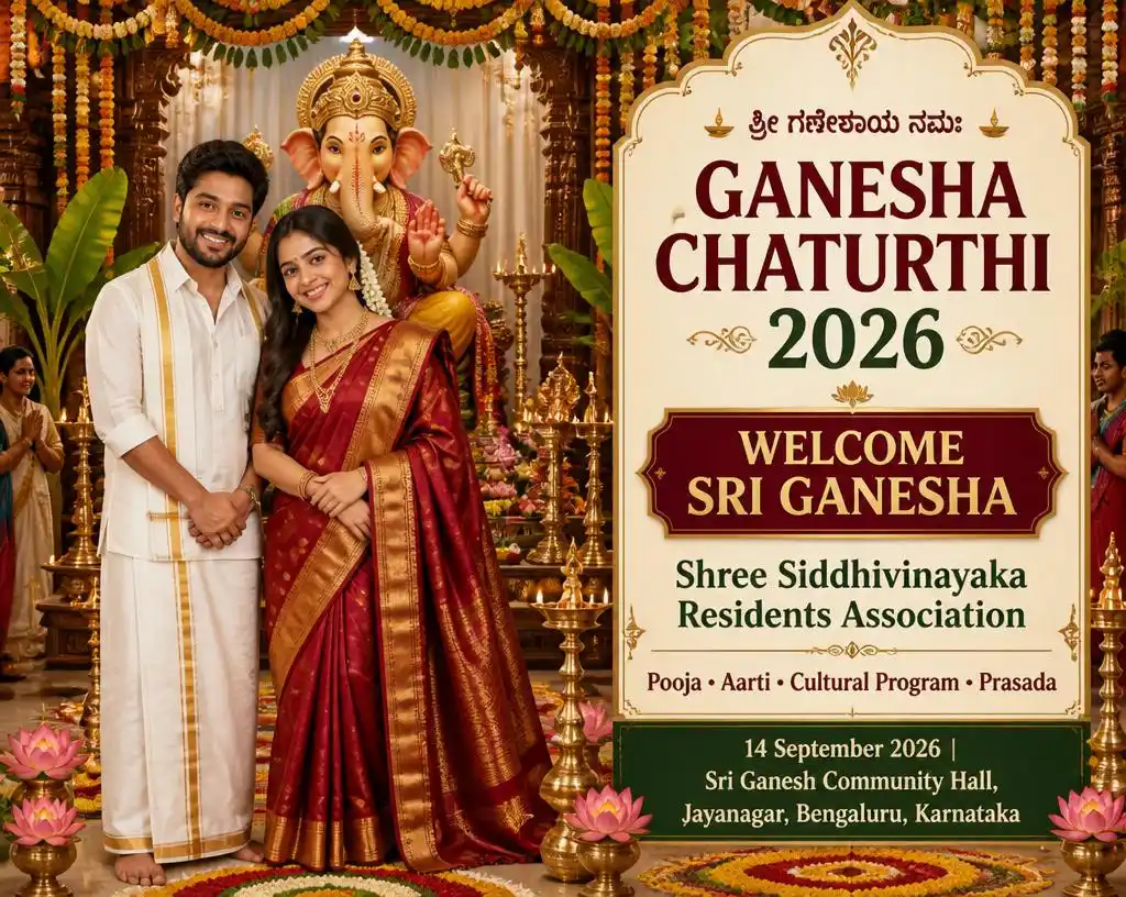Karnataka Ganesh Chaturthi banner featuring a couple beside Lord Ganesha in a South Indian temple-inspired setting