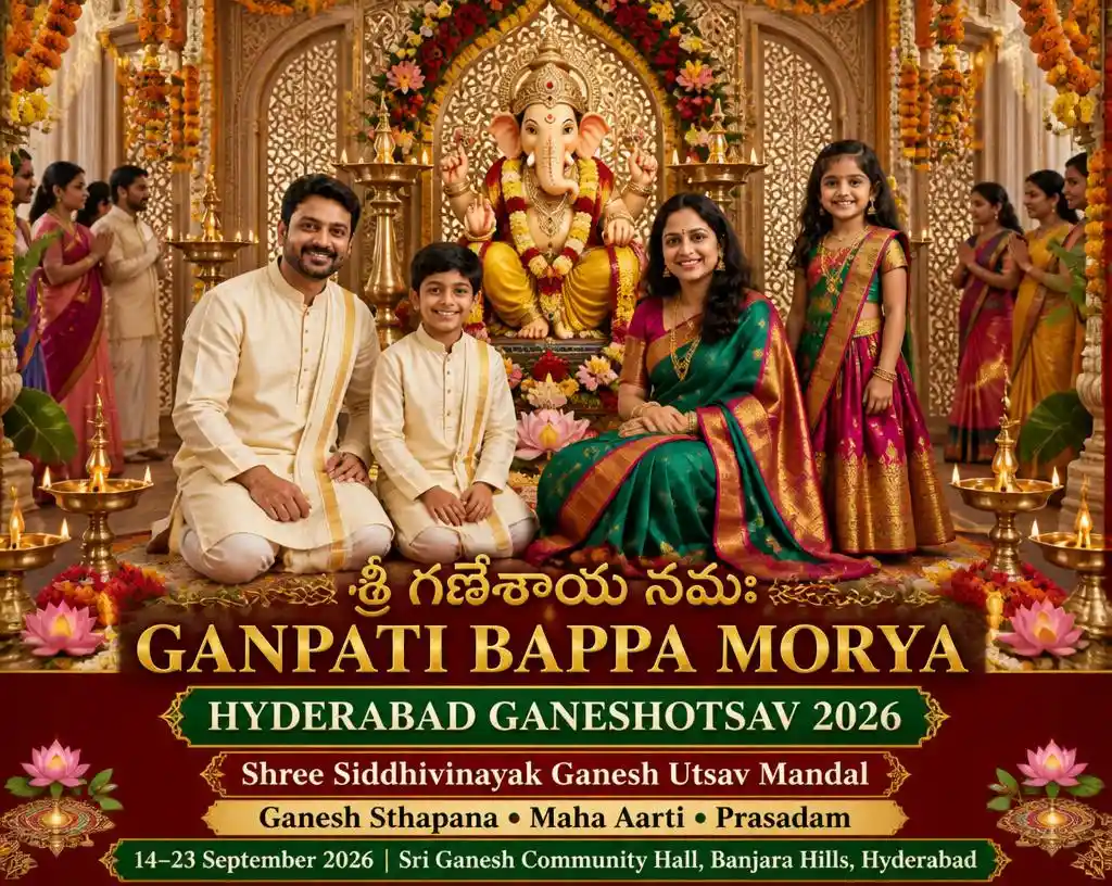 Hyderabad Ganeshotsav banner featuring a family beside Lord Ganesha in an elegant Deccan-style festive setting.