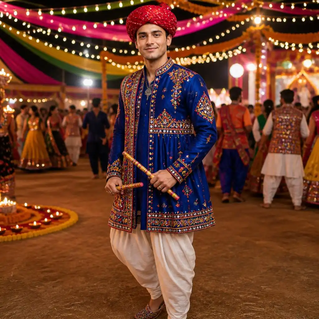 Man in a royal blue Gujarati kediyu with mirror work at a Navratri Garba night.