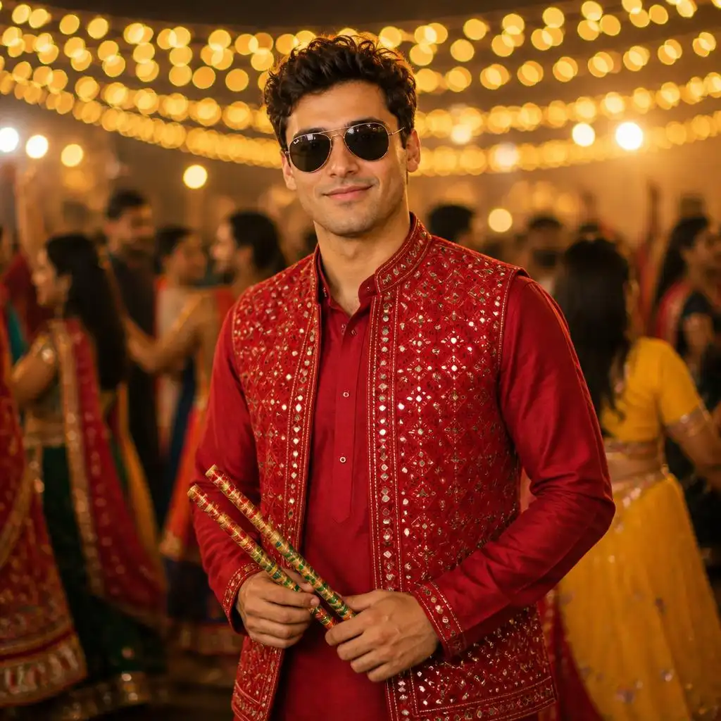 Man in a red embroidered Gujarati outfit holding dandiya sticks at a festive Garba night.