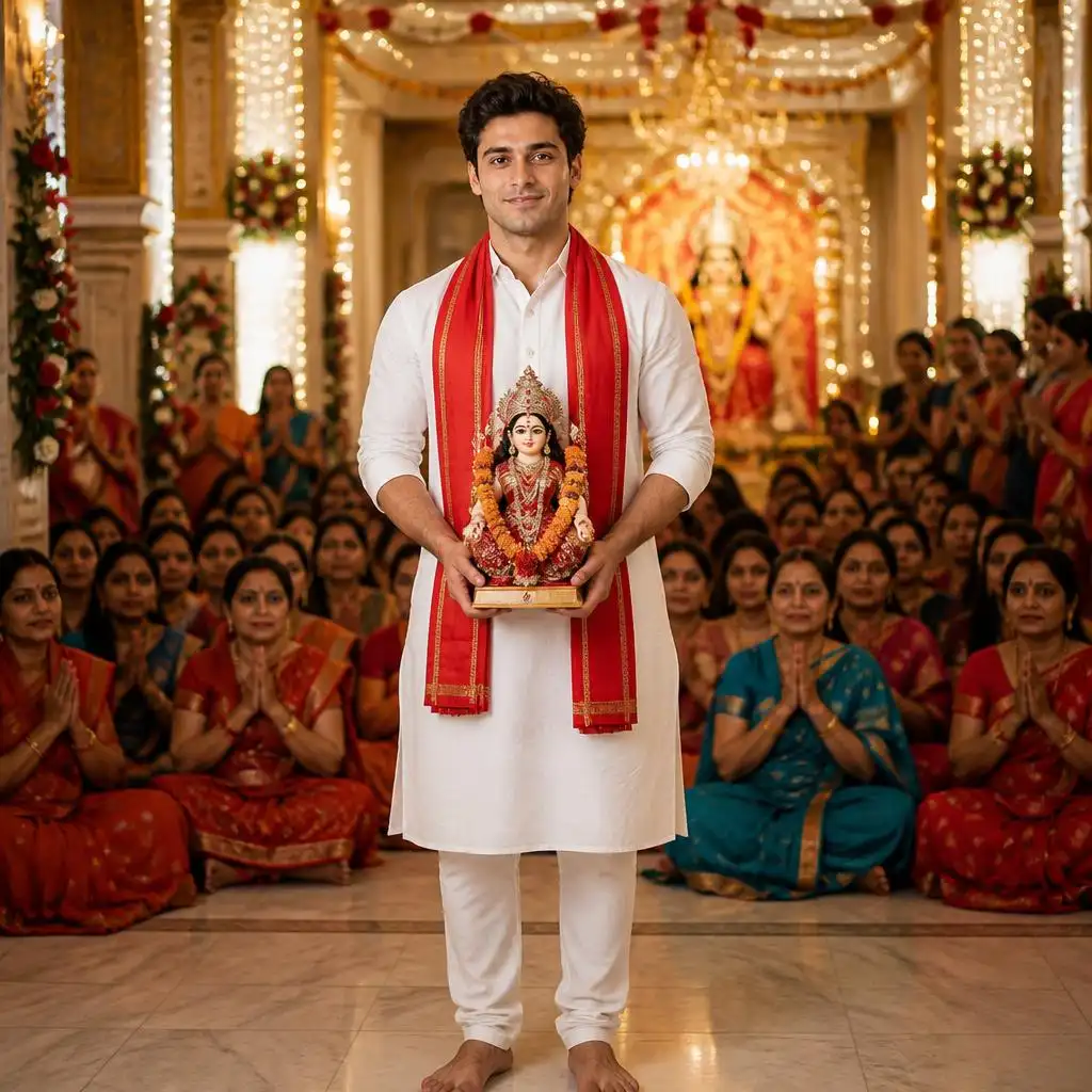 Man in a white kurta holding a decorated Mata Rani idol inside a Navratri temple.