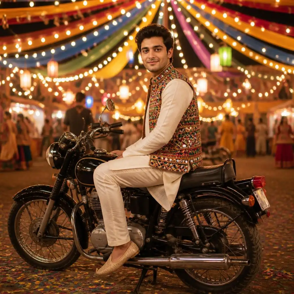 Man in a traditional Gujarati embroidered outfit sitting on a vintage motorcycle at a Navratri celebration.