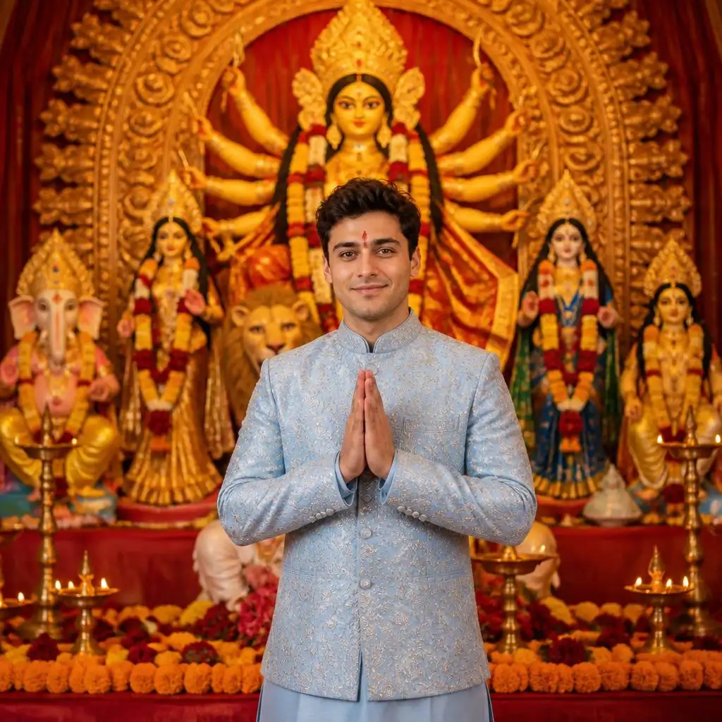 Man in a powder-blue sherwani praying in front of a decorated Maa Durga idol.