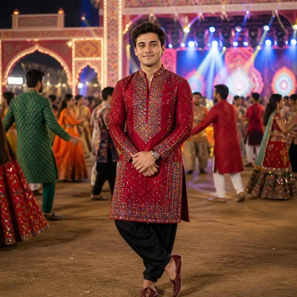 Man wearing a red embroidered Gujarati kurta and dhoti at a colourful Garba celebration.