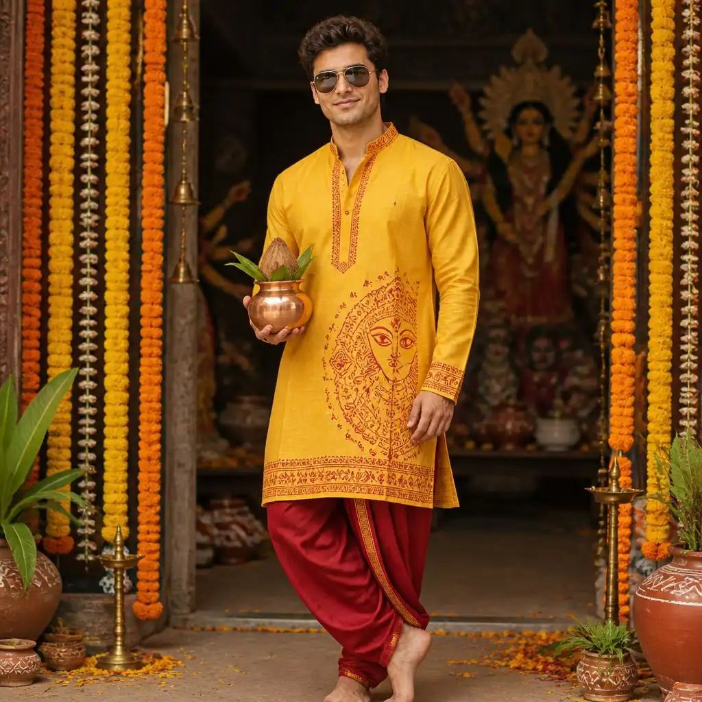 Man wearing a yellow embroidered kurta and red dhoti at a festive Navratri venue.