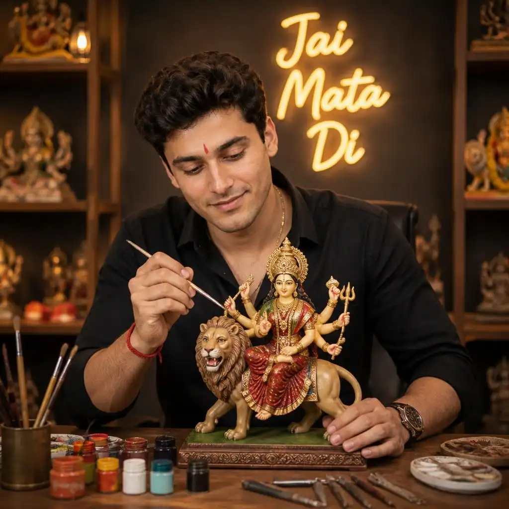 Man painting a decorated Mata Rani idol in a traditional artisan studio.