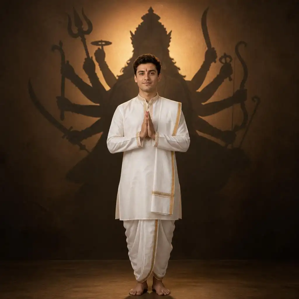 Man in white traditional clothing praying with a Maa Durga shadow behind him.