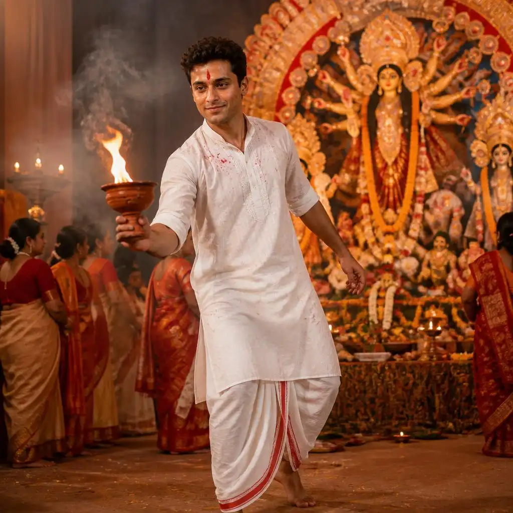 Man performing Dhunuchi dance with a traditional clay lamp during Durga Puja.