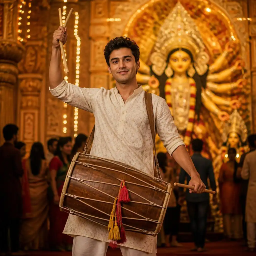 Man playing a traditional dhol during a lively Navratri and Durga Puja celebration.