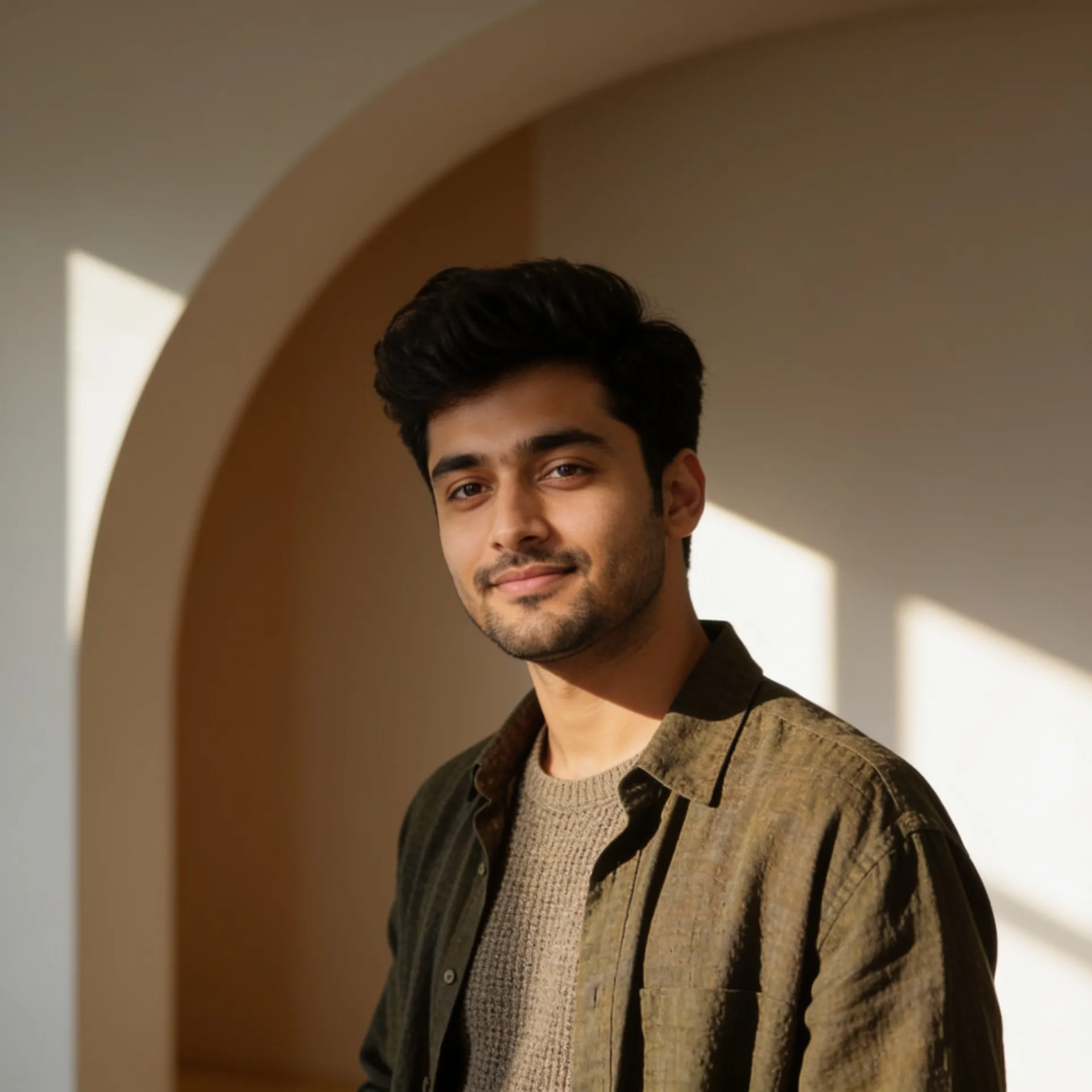 Creative professional LinkedIn portrait with warm lighting and a modern editorial style.