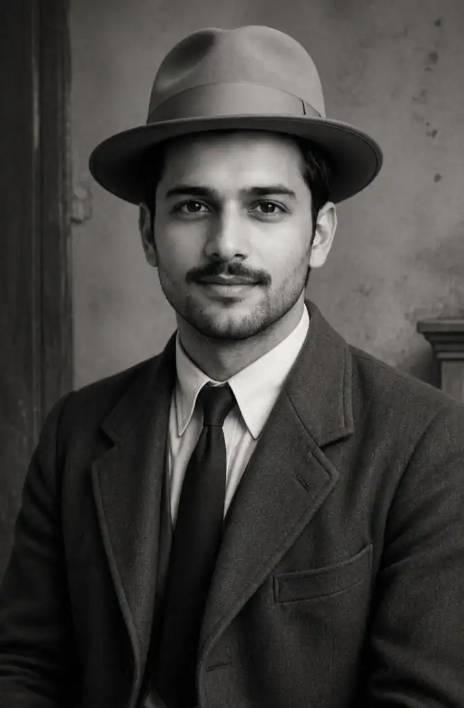 Bhagat Singh-inspired portrait using an uploaded photo with a vintage 1920s look