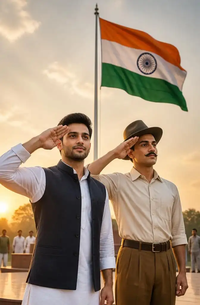 Person saluting the Indian flag beside Bhagat Singh in a patriotic tribute scene
