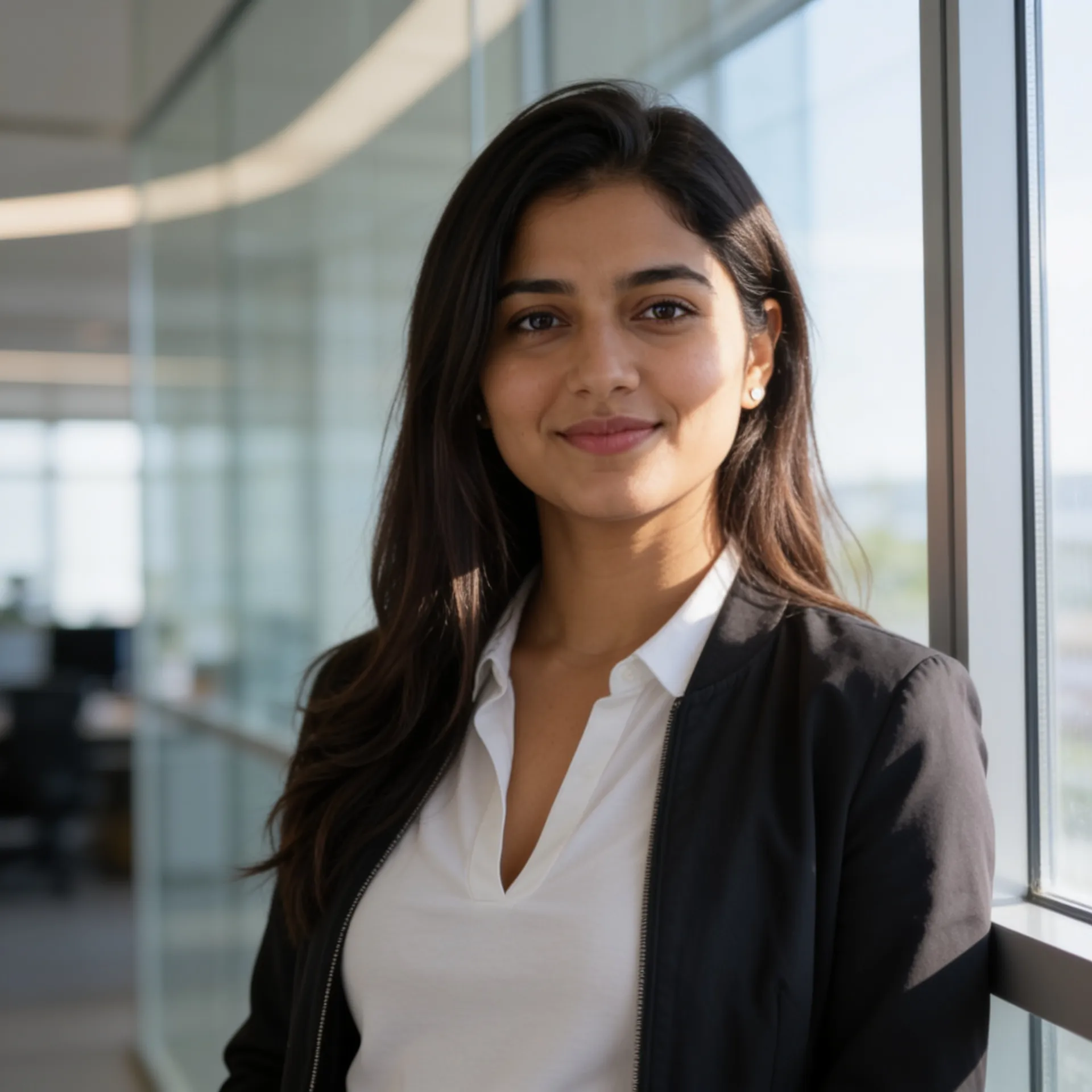 Modern tech professional LinkedIn headshot in a bright contemporary office.