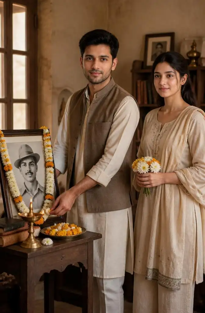 Boy and girl celebrating Bhagat Singh birth anniversary with flowers and his portrait