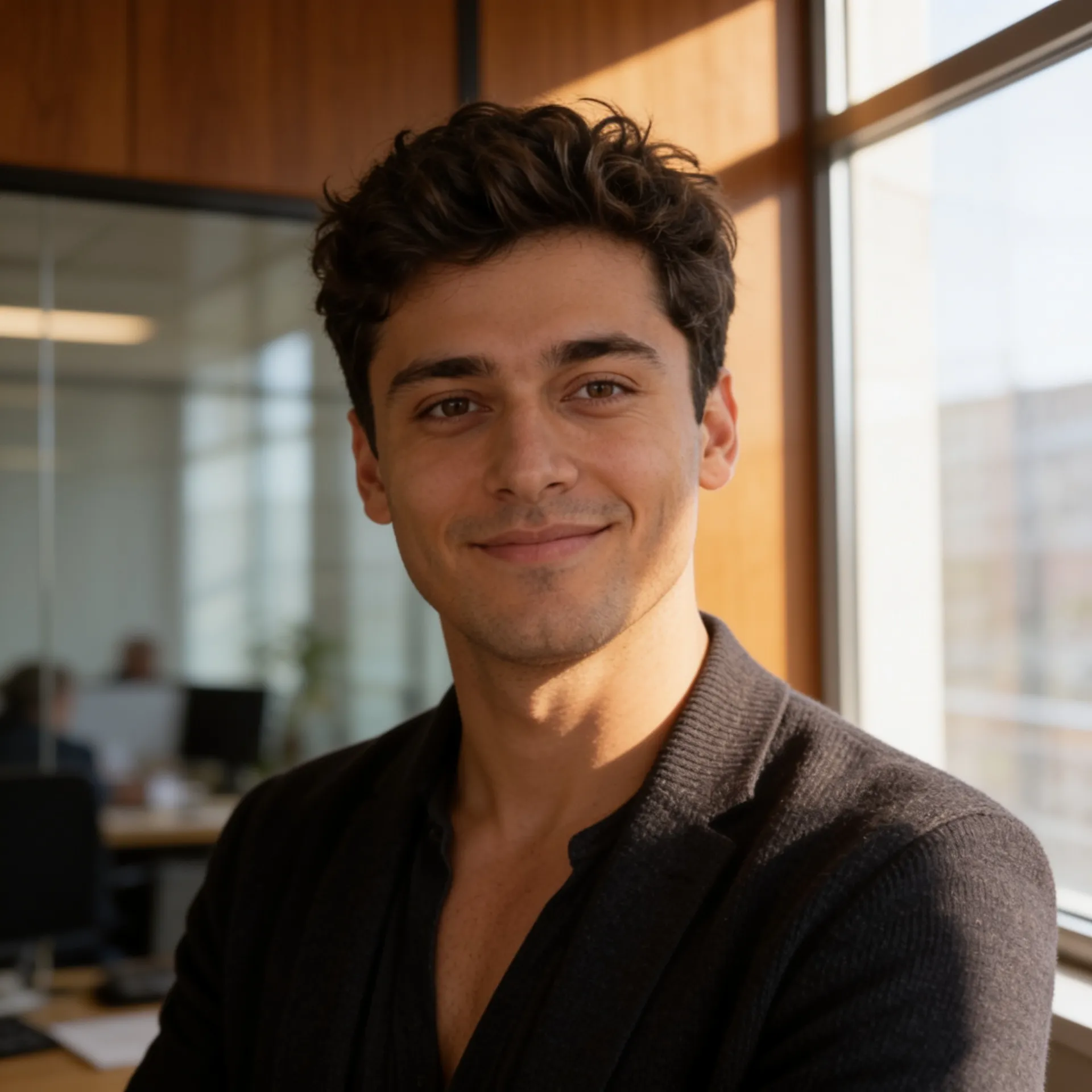 Confident startup founder LinkedIn profile picture in a modern workspace.