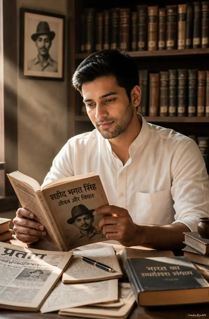Person reading a historical book about Bhagat Singh in an old library