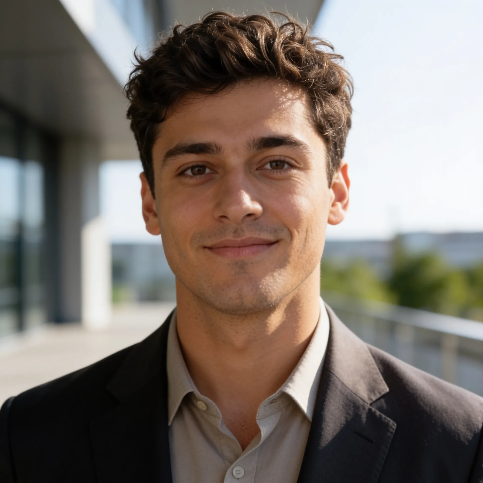 Professional LinkedIn profile picture outdoors with natural light and a blurred architectural background.