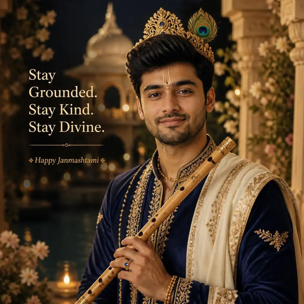 Man transformed into a stylish Krishna-inspired portrait with a peacock feather and flute.