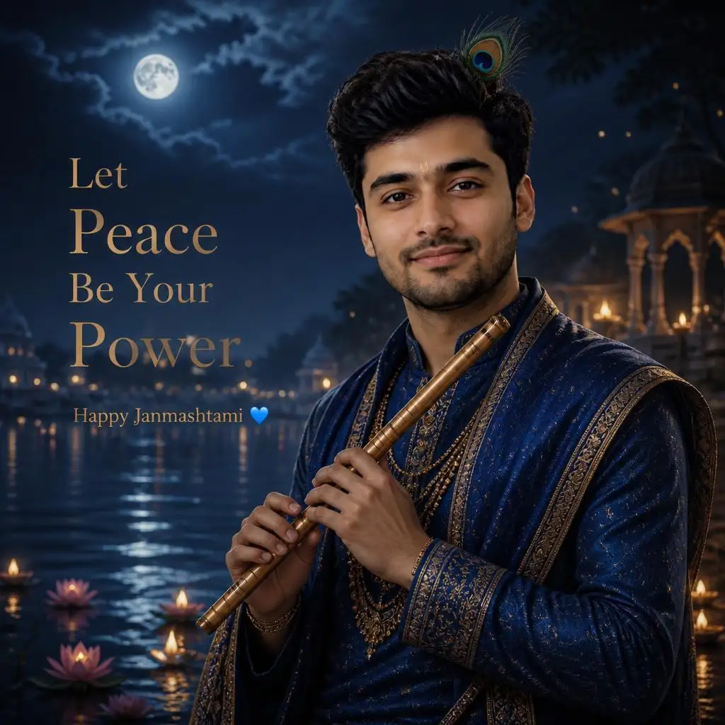 Krishna-inspired man in royal blue attire holding a flute beside the moonlit Yamuna.