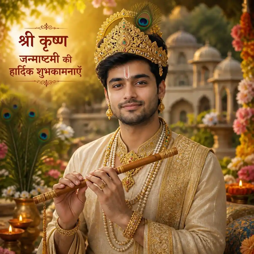 Regal Krishna-inspired man in cream and gold traditional attire with a peacock feather crown.