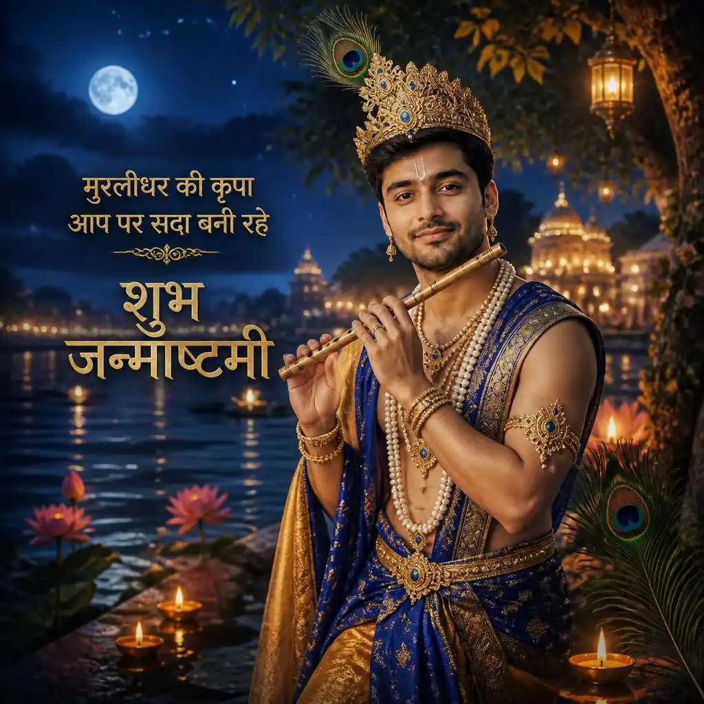 Krishna-inspired man holding a flute beside the moonlit Yamuna in Vrindavan.