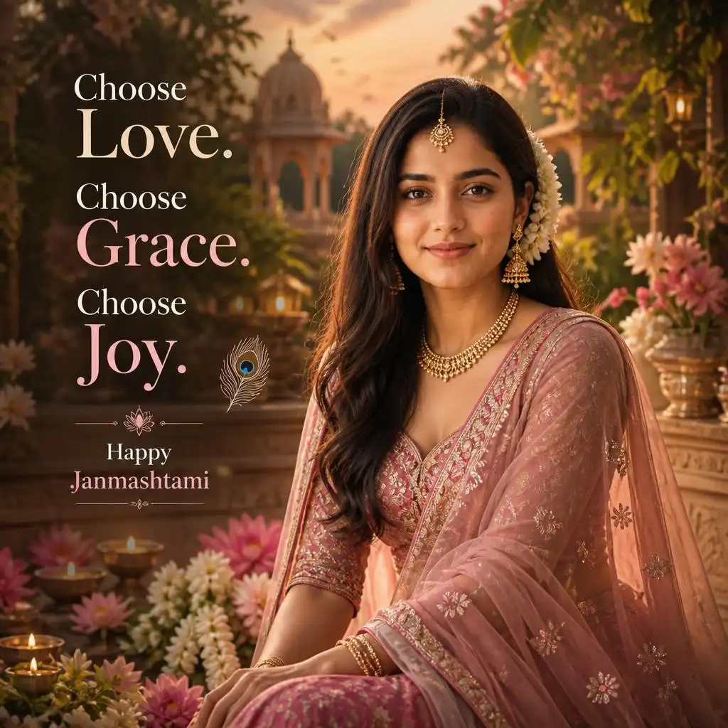 Elegant woman transformed into a modern Radha-inspired portrait in a pink and magenta lehenga.