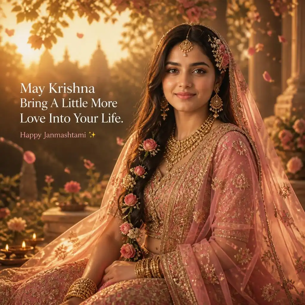 Graceful Radha-inspired woman in a pink and gold lehenga in a dreamy Vrindavan garden.
