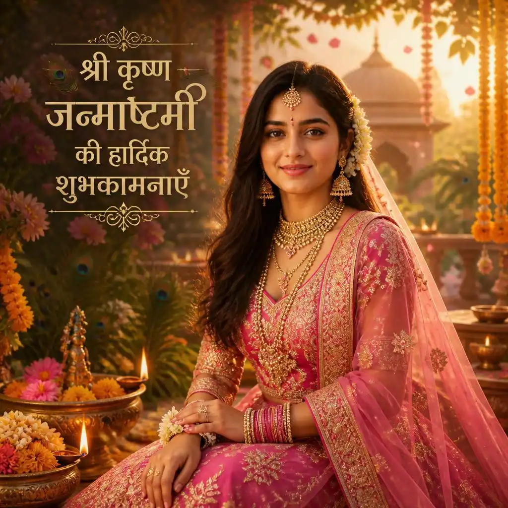 Radha-inspired woman in a luxurious pink and magenta lehenga surrounded by flowers and diyas.