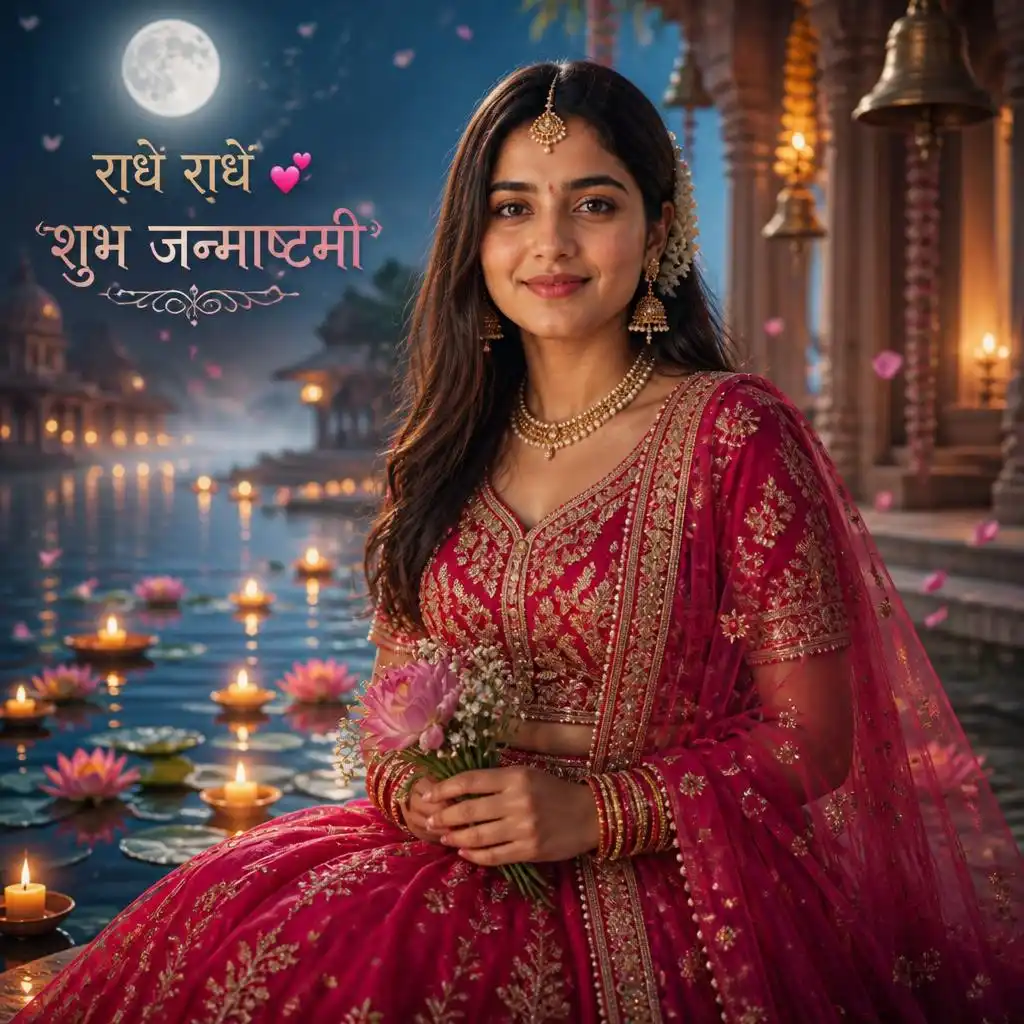 Radha-inspired woman standing beside the Yamuna under a glowing full moon